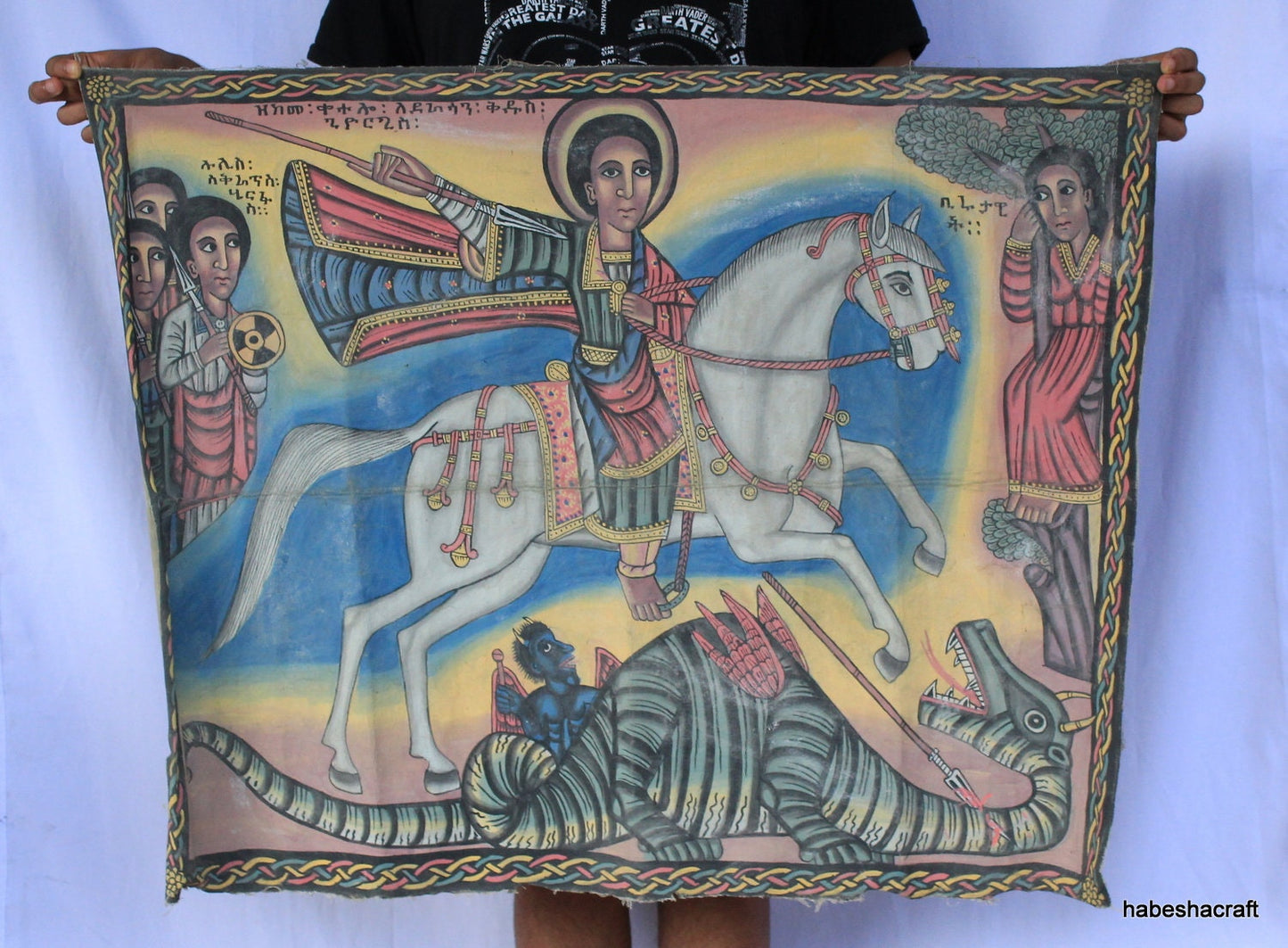 Ethiopian religious Art. Old Ethiopian Christian colourful canvas Painting 1930s St. George Slaying the Dragon. Christian Art. Orthodox Art.