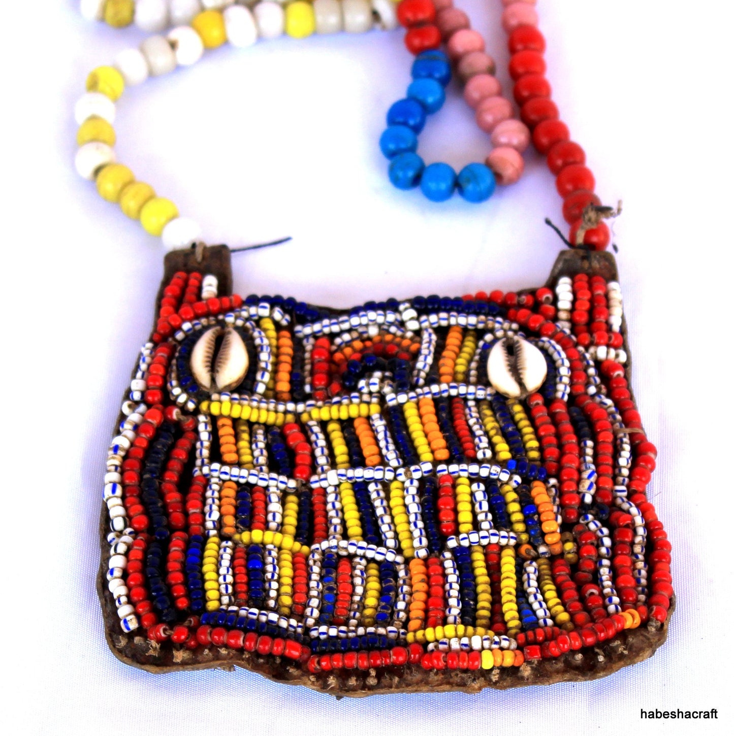 Ethiopian Beaded Necklace crafted to offer protection. Old Beadwork, Antique African Ethiopian Glass beads and leather. Ethiopian jewelry.