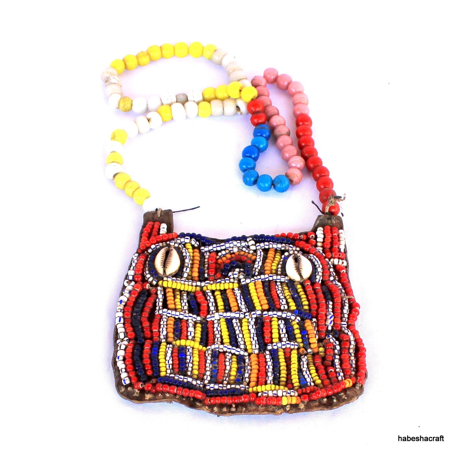 Ethiopian Beaded Necklace crafted to offer protection. Old Beadwork, Antique African Ethiopian Glass beads and leather. Ethiopian jewelry.