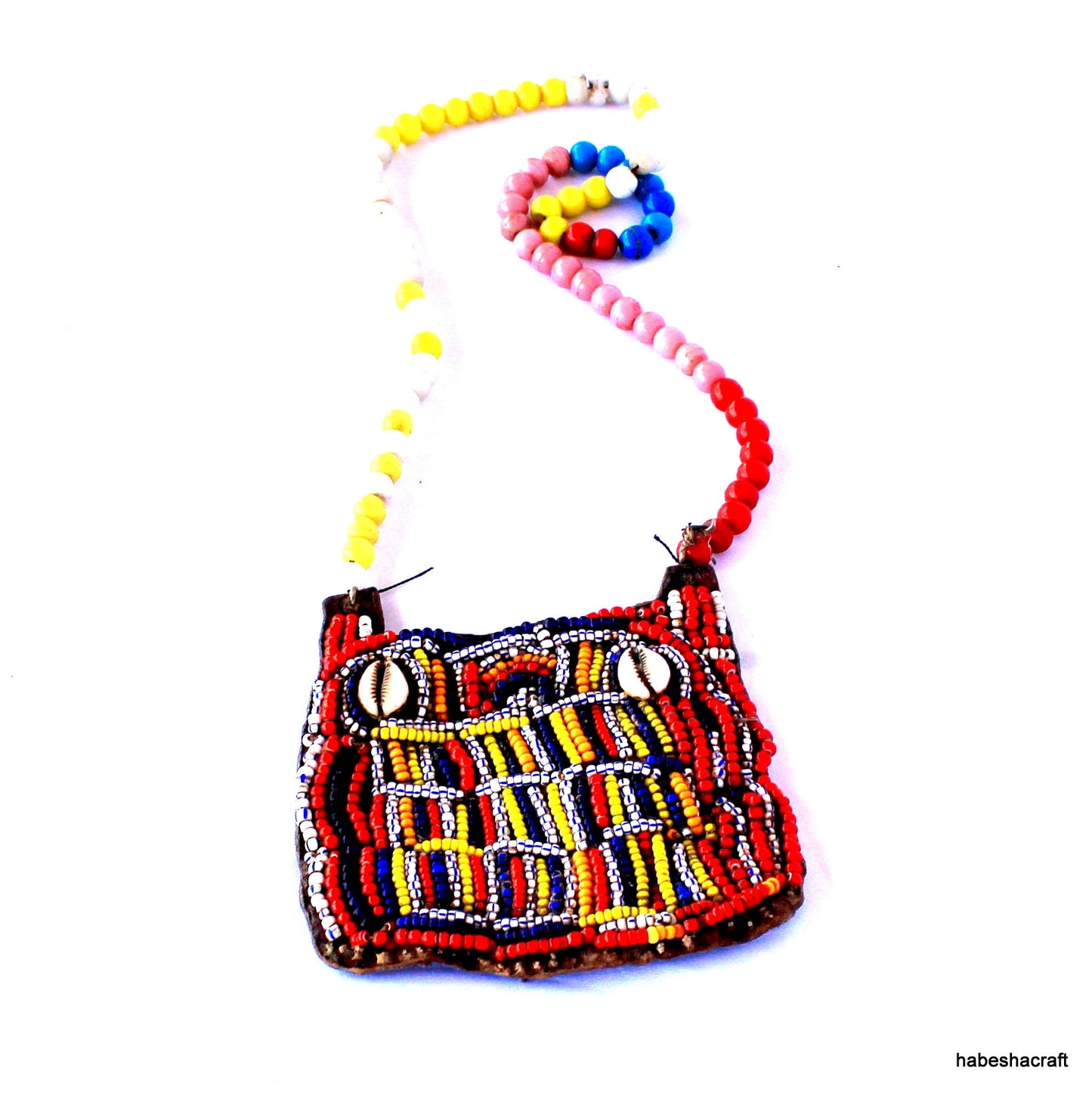 Ethiopian Beaded Necklace crafted to offer protection. Old Beadwork, Antique African Ethiopian Glass beads and leather. Ethiopian jewelry.