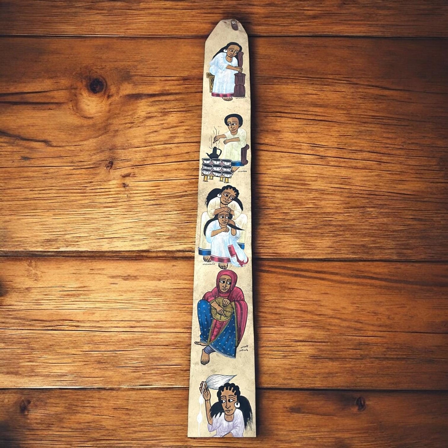 Handmade Ethiopian Leather Painting - Women at Work. Ethiopian Women Daily Work Leather Wall Art.