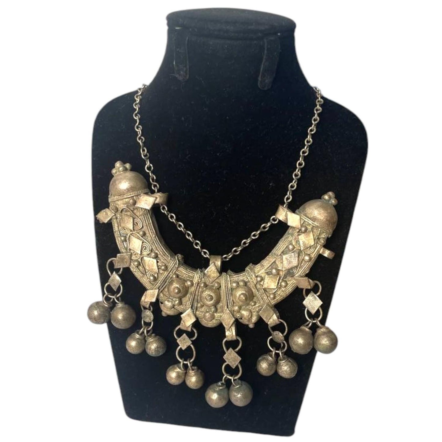 Vintage Ethiopian Silver Moon ship Necklace – Intricate Crescent Design with Hanging Bells, African jewelry, Ethiopian jewelry