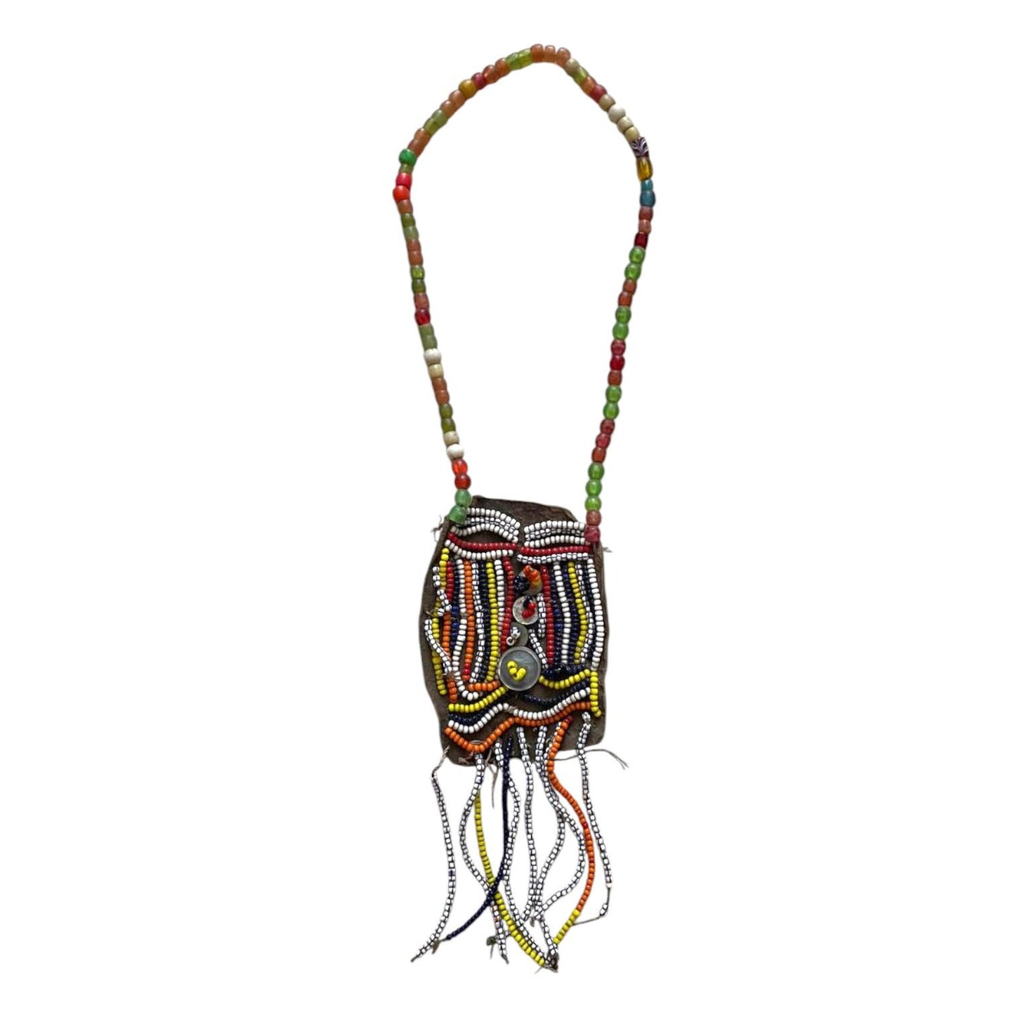 Old Beadwork, Antique African Ethiopian Glass beads and leather. Ethiopian jewelry. Ethiopian Beaded Necklace crafted to offer protection.