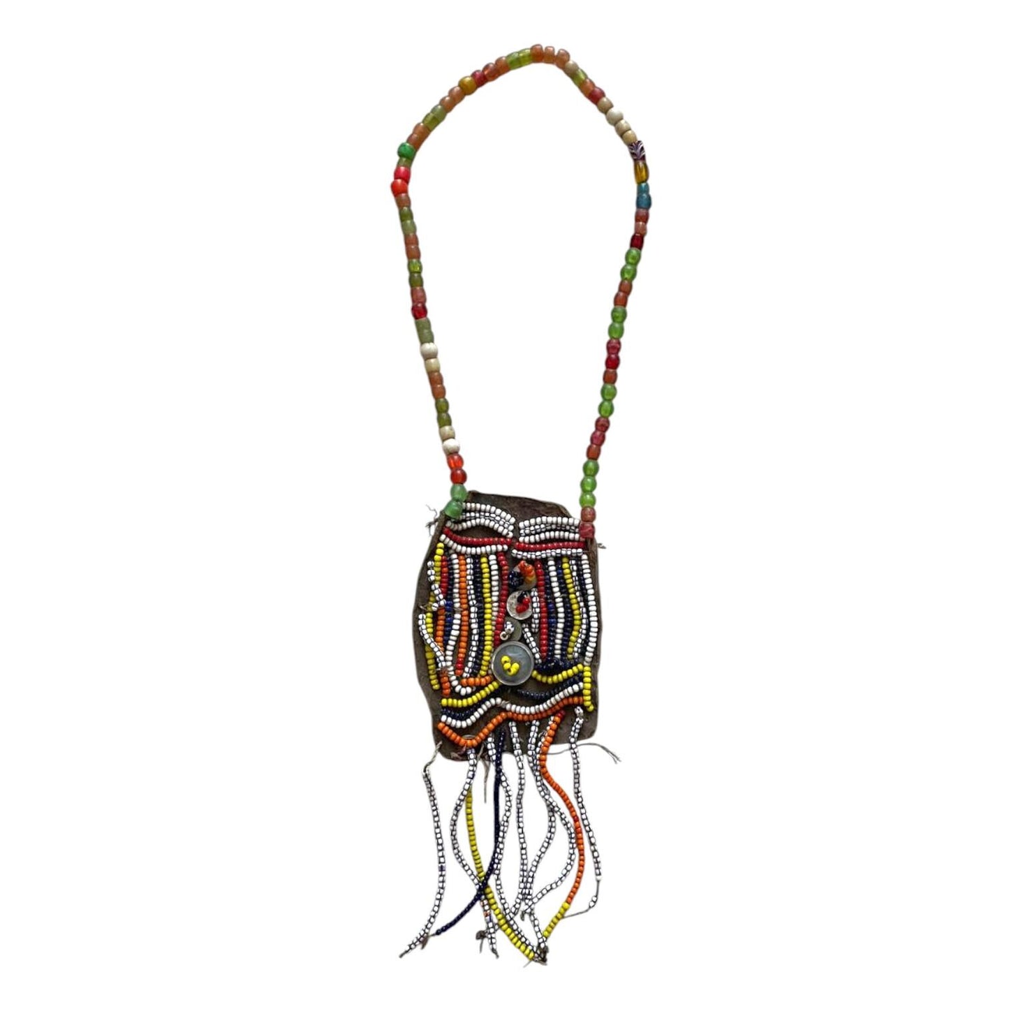 Old Beadwork, Antique African Ethiopian Glass beads and leather. Ethiopian jewelry. Ethiopian Beaded Necklace crafted to offer protection.