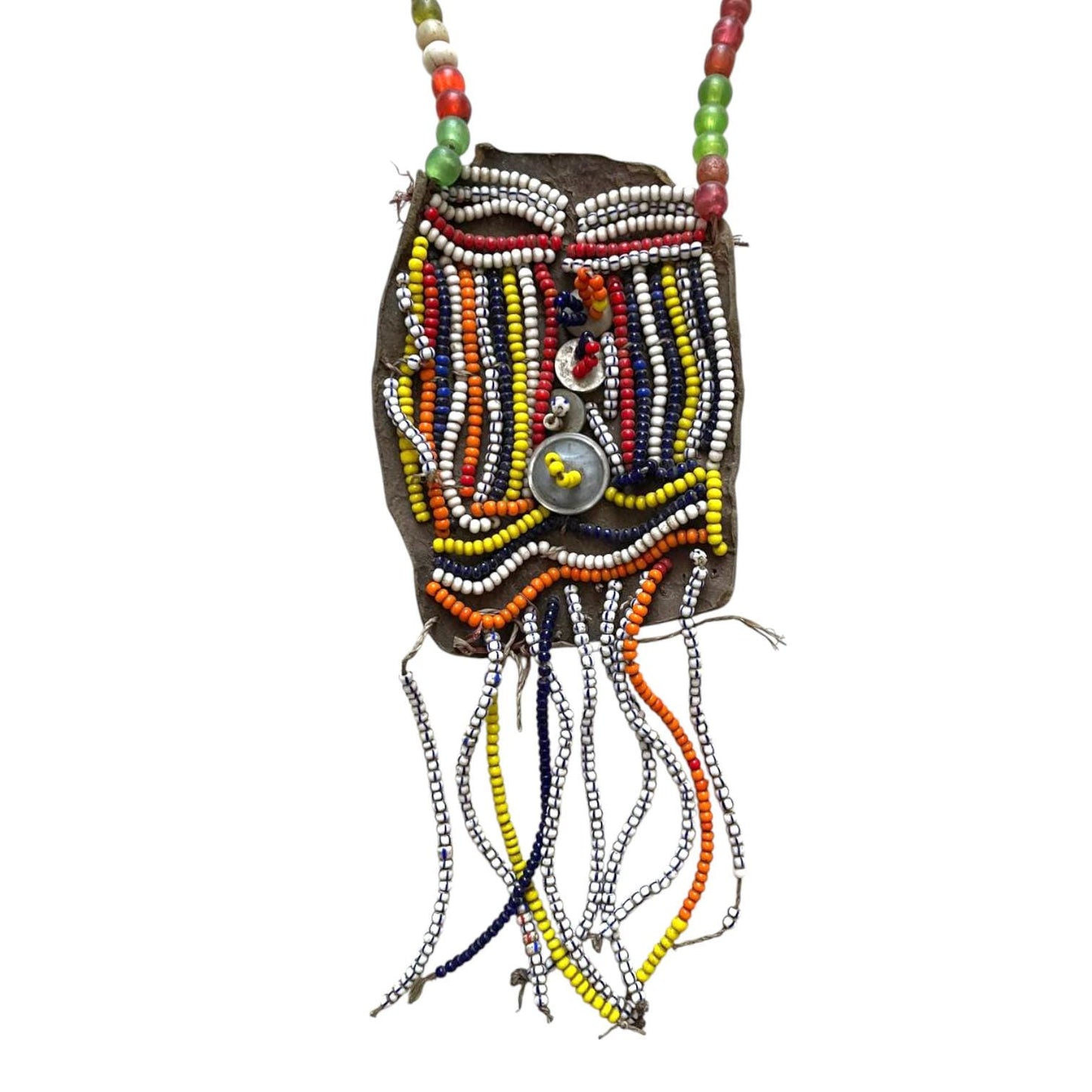 Old Beadwork, Antique African Ethiopian Glass beads and leather. Ethiopian jewelry. Ethiopian Beaded Necklace crafted to offer protection.