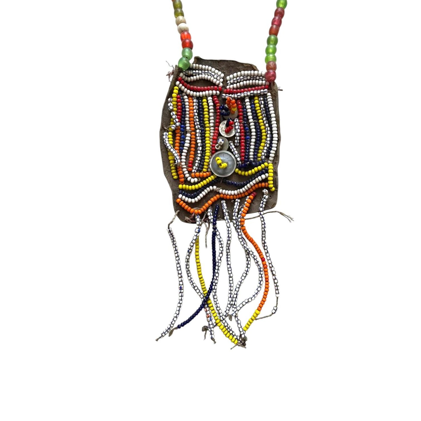 Old Beadwork, Antique African Ethiopian Glass beads and leather. Ethiopian jewelry. Ethiopian Beaded Necklace crafted to offer protection.