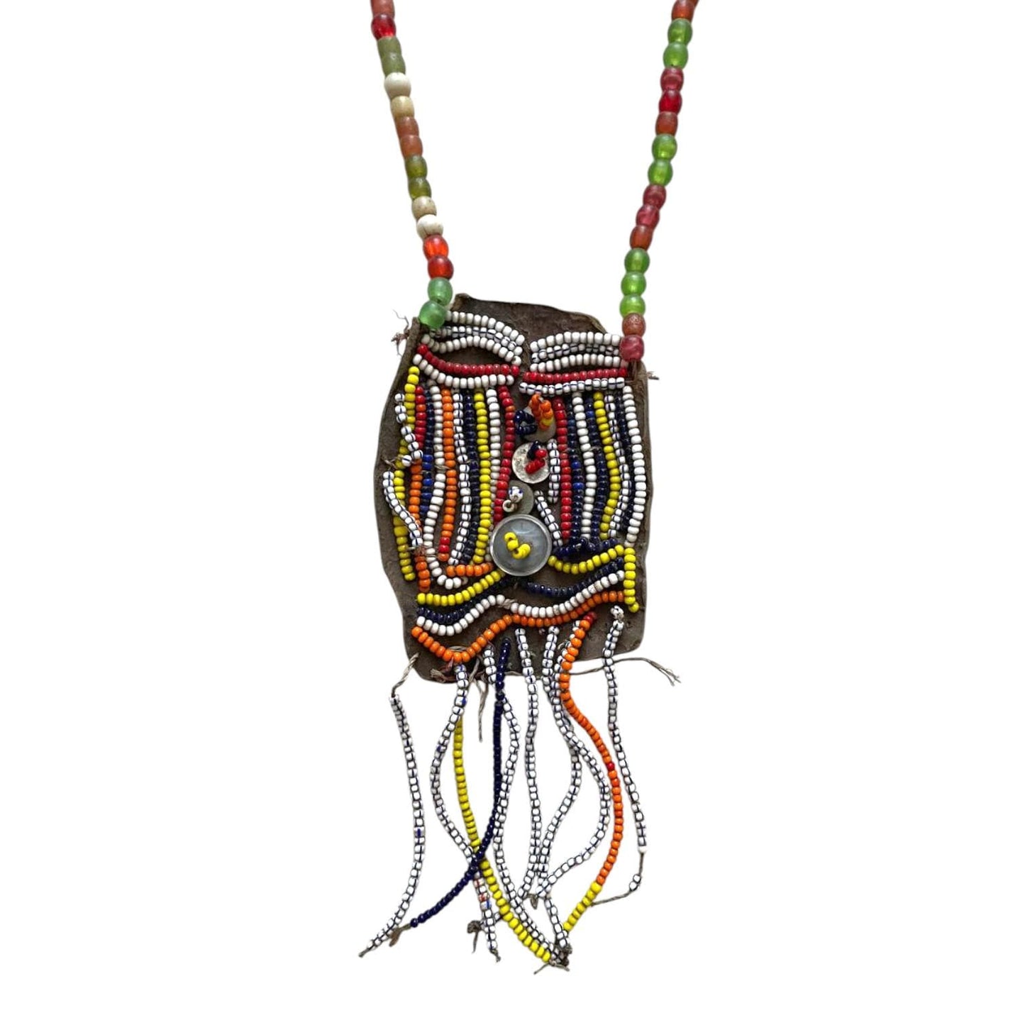 Old Beadwork, Antique African Ethiopian Glass beads and leather. Ethiopian jewelry. Ethiopian Beaded Necklace crafted to offer protection.