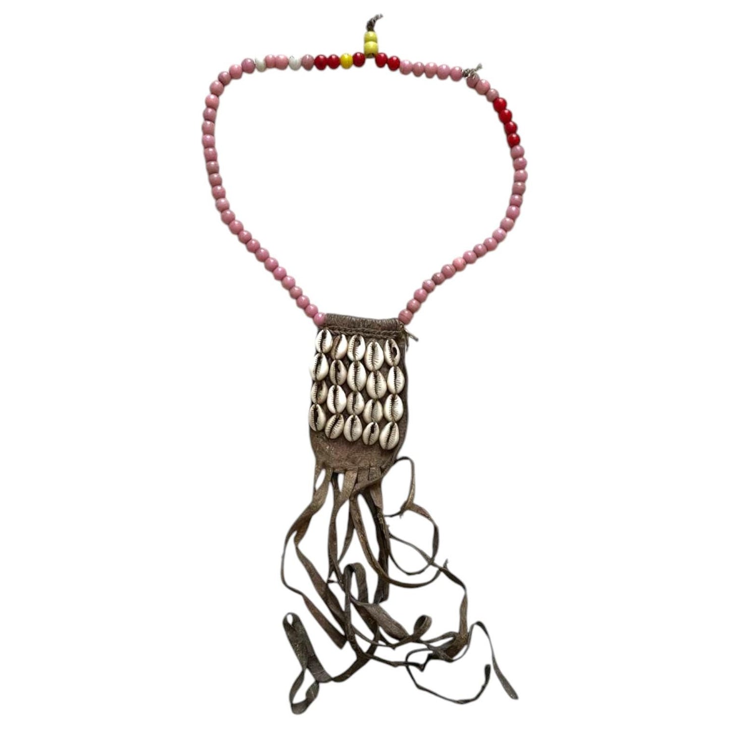 Antique Ethiopian Cowrie Shell Necklace with Leather Tassels and Colorful Beads – Tribal Handcrafted African Jewelry