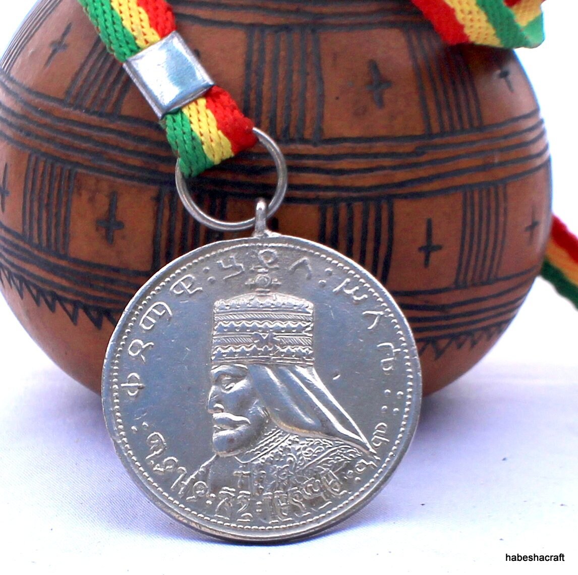 Haile Selassie CORONATION MEDAL 1957 ISSUE Necklace. Ethiopian War Medal, Ethiopian medal, Emperor Haile Selassie medal, Rasta medal