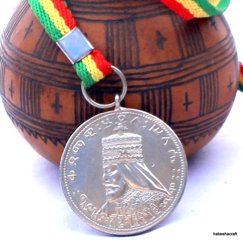 Haile Selassie CORONATION MEDAL 1957 ISSUE Necklace. Ethiopian War Medal, Ethiopian medal, Emperor Haile Selassie medal, Rasta medal