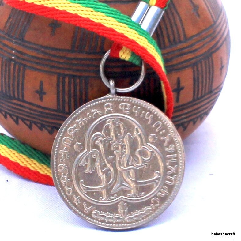 Haile Selassie CORONATION MEDAL 1957 ISSUE Necklace. Ethiopian War Medal, Ethiopian medal, Emperor Haile Selassie medal, Rasta medal