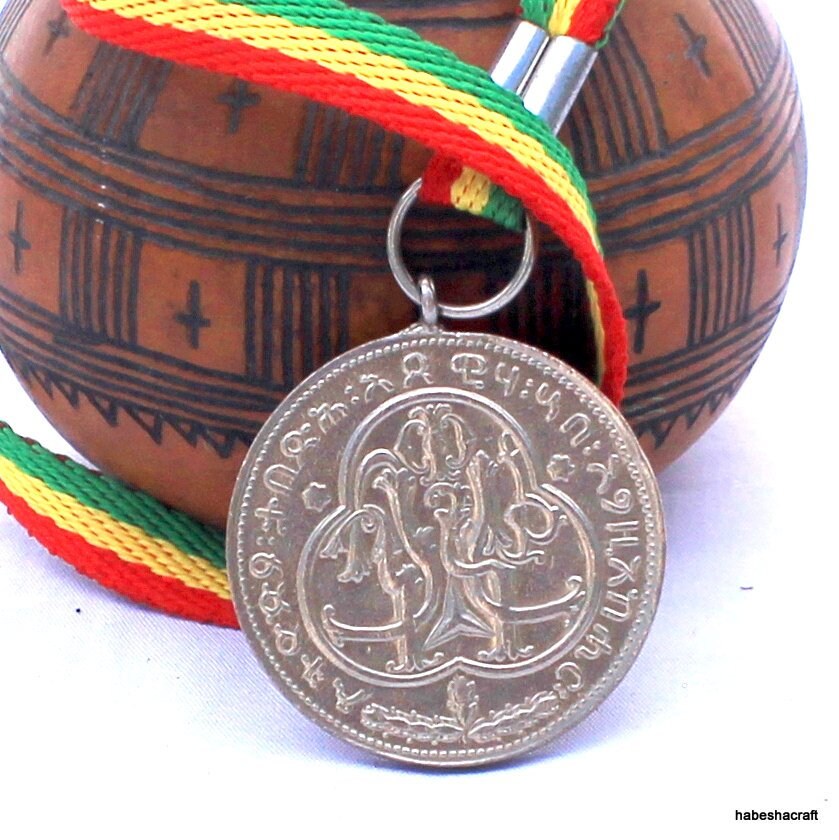 Haile Selassie CORONATION MEDAL 1957 ISSUE Necklace. Ethiopian War Medal, Ethiopian medal, Emperor Haile Selassie medal, Rasta medal