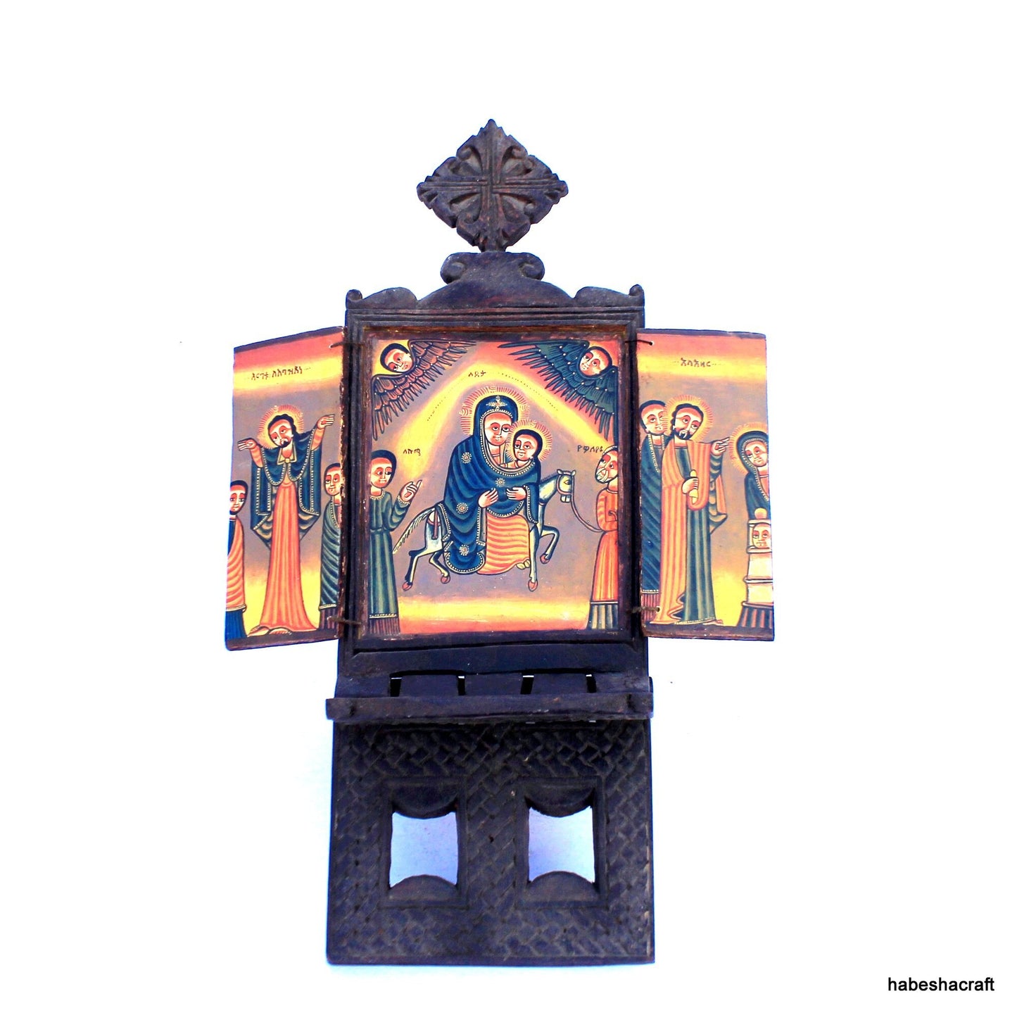 Hand-Carved Ethiopian Orthodox Christian Prayer Icon - Sacred Religious Art Piece. folding wooden Icon. Prayer Icon, Religious Art