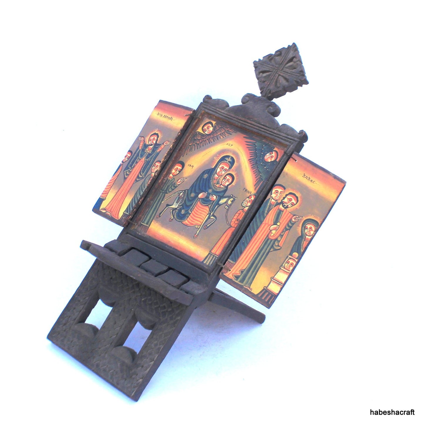 Hand-Carved Ethiopian Orthodox Christian Prayer Icon - Sacred Religious Art Piece. folding wooden Icon. Prayer Icon, Religious Art