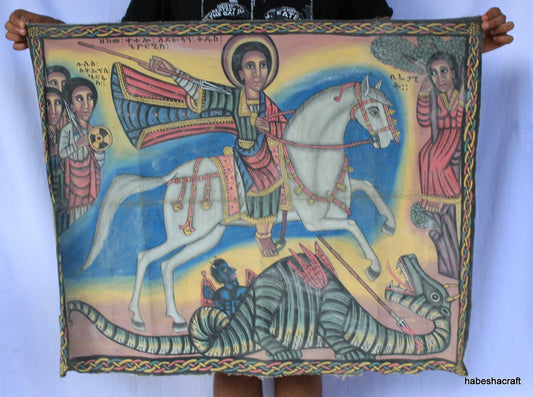 Ethiopian religious Art. Old Ethiopian Christian colourful canvas Painting 1930s St. George Slaying the Dragon. Christian Art. Orthodox Art.