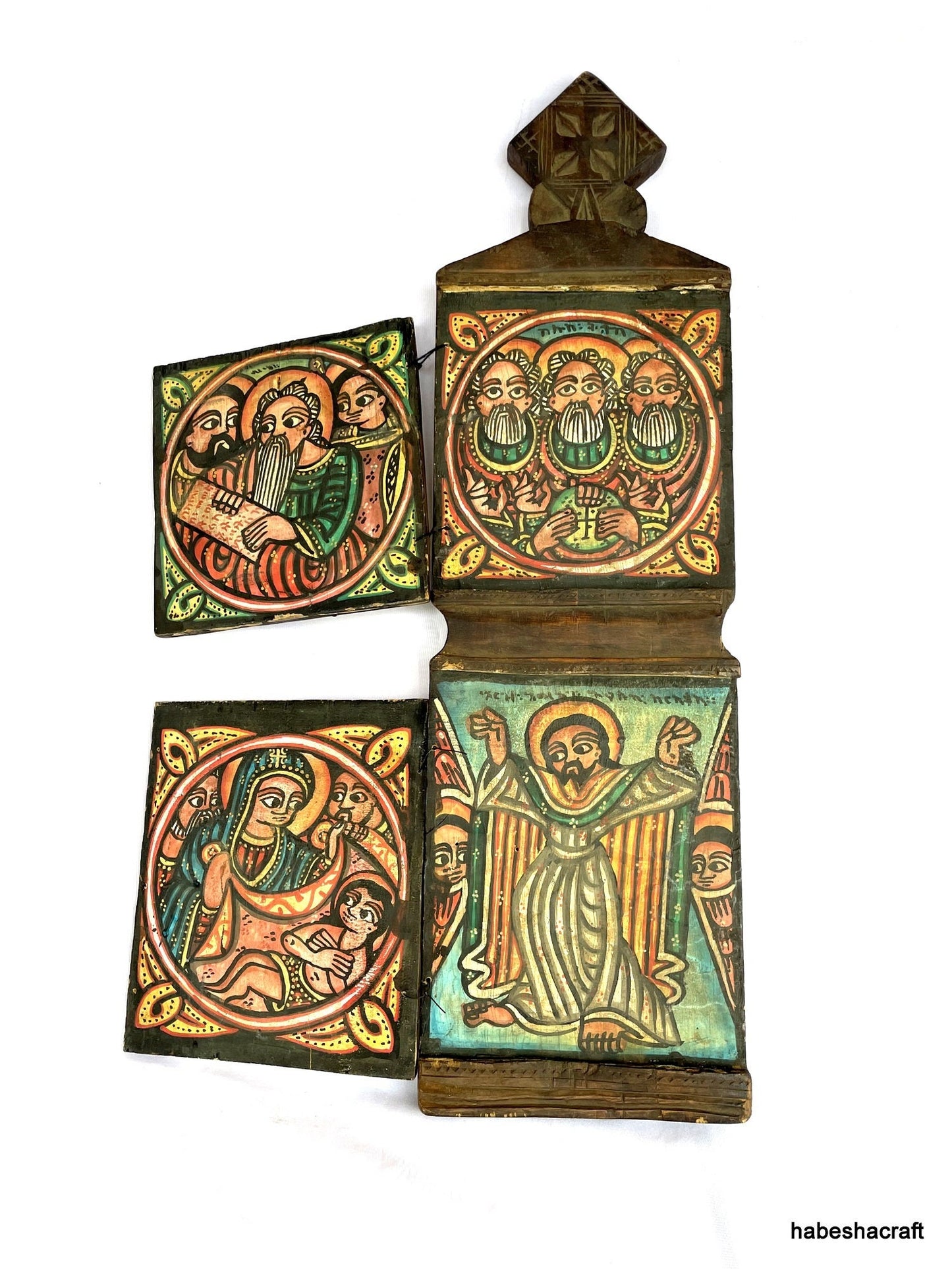 Ethiopian Coptic Christian icon with 4 images.  Large Ethiopian Icon. illuminated manuscripts. African Art, Ethiopian art, Christian Art.