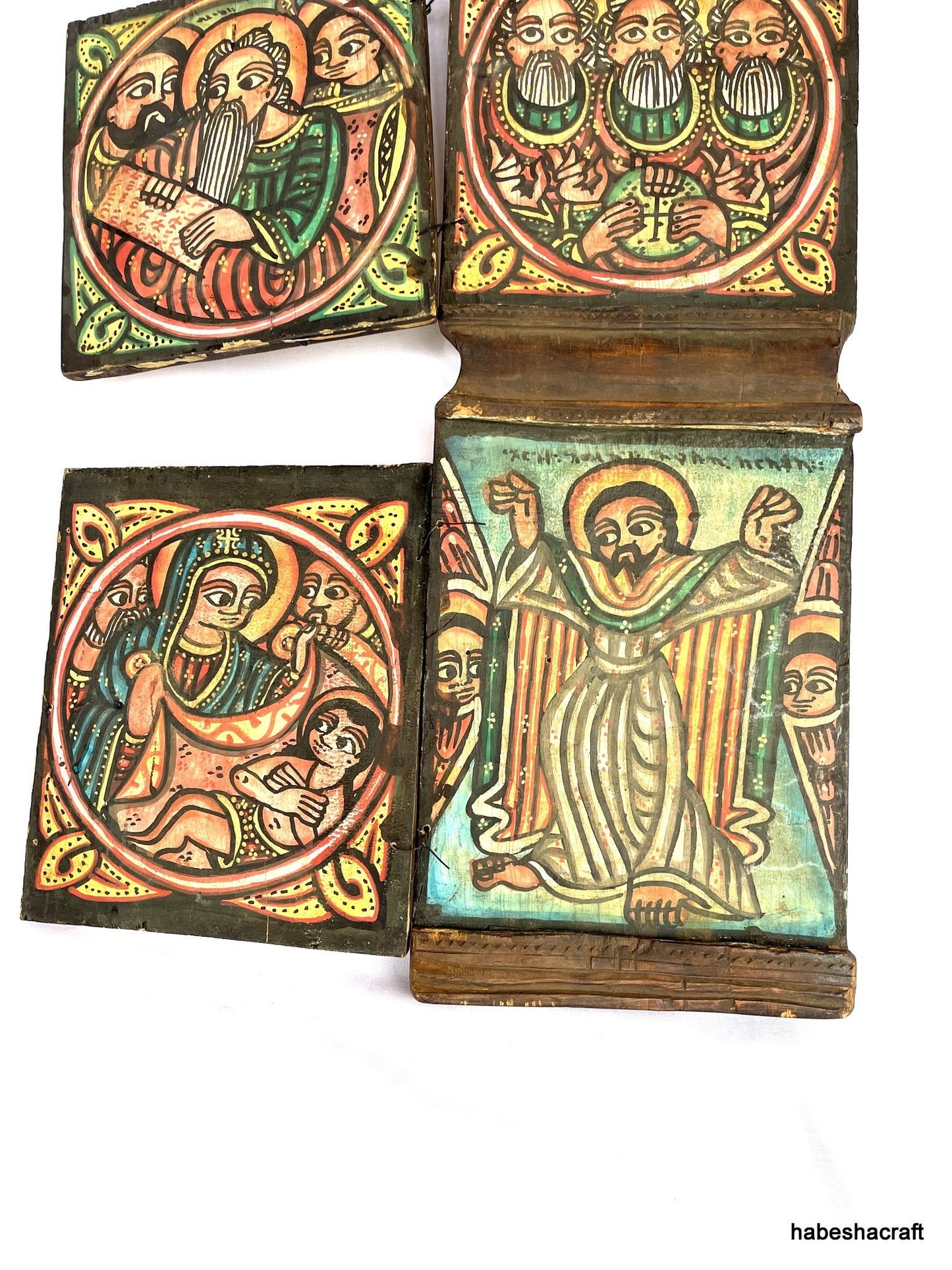 Ethiopian Coptic Christian icon with 4 images.  Large Ethiopian Icon. illuminated manuscripts. African Art, Ethiopian art, Christian Art.