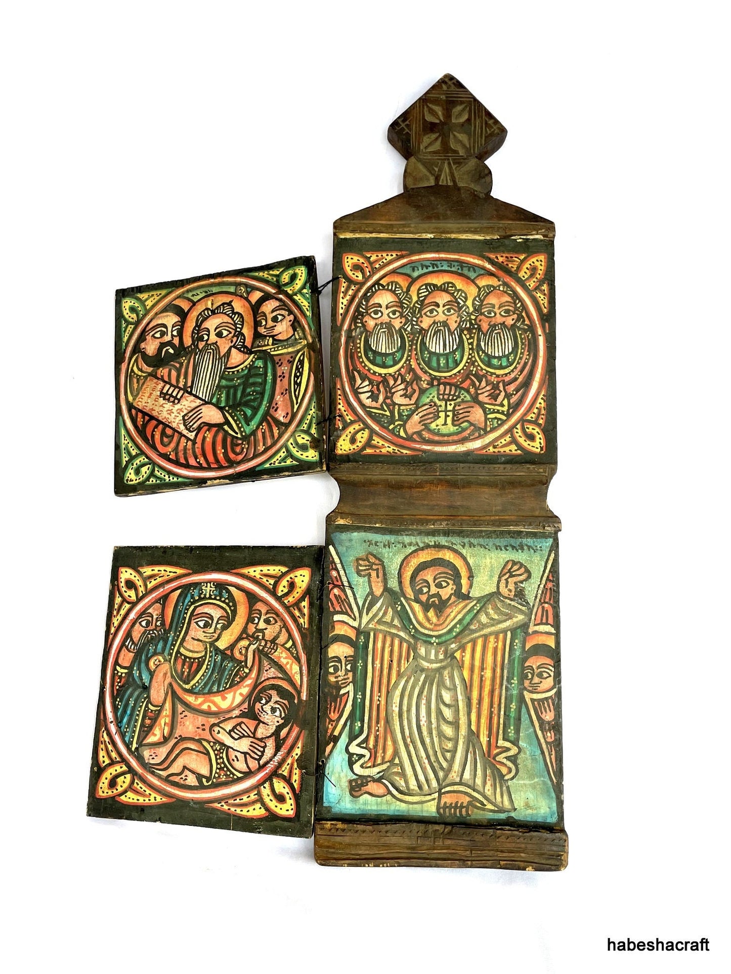 Ethiopian Coptic Christian icon with 4 images.  Large Ethiopian Icon. illuminated manuscripts. African Art, Ethiopian art, Christian Art.