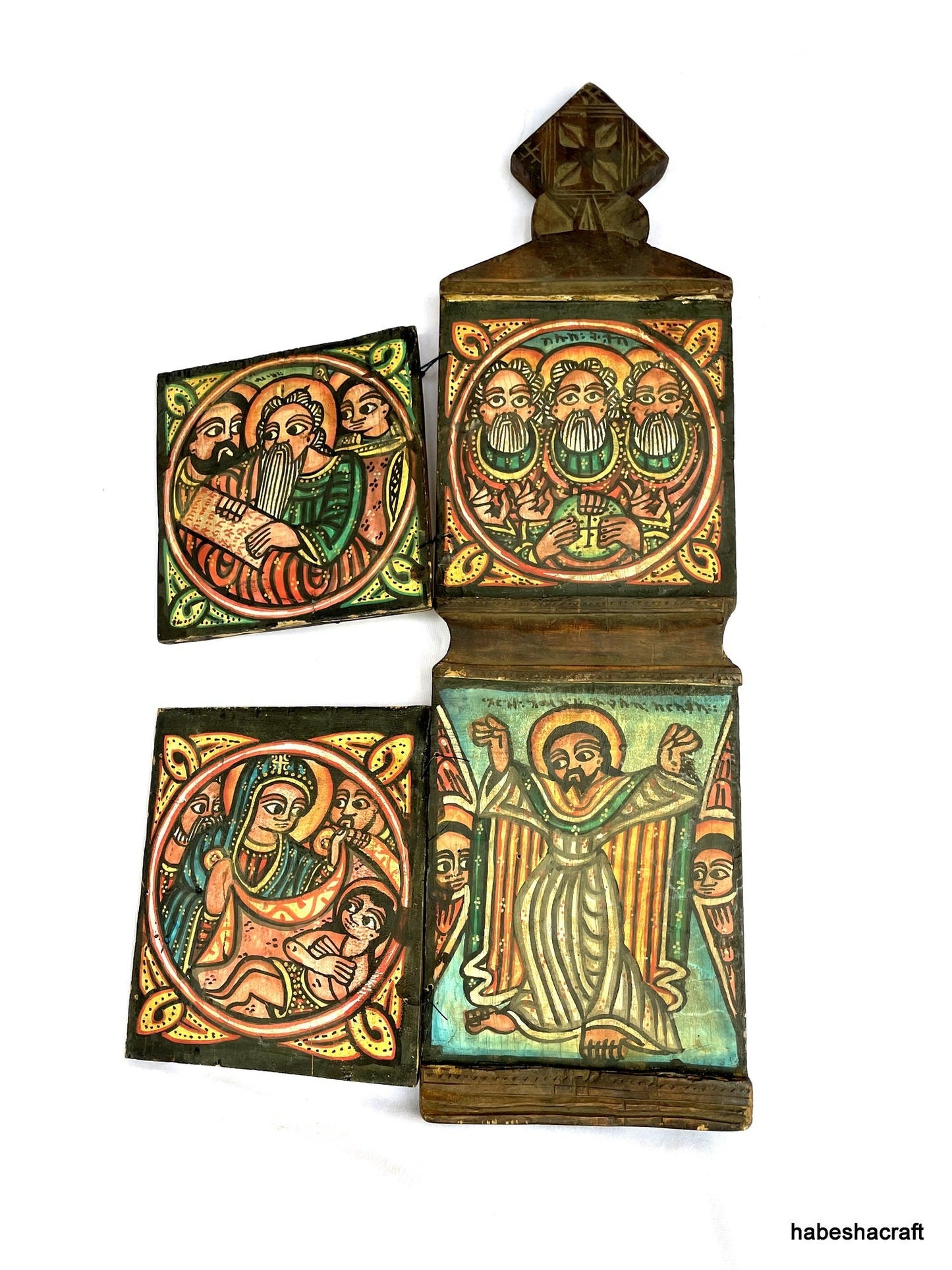 Ethiopian Coptic Christian icon with 4 images.  Large Ethiopian Icon. illuminated manuscripts. African Art, Ethiopian art, Christian Art.