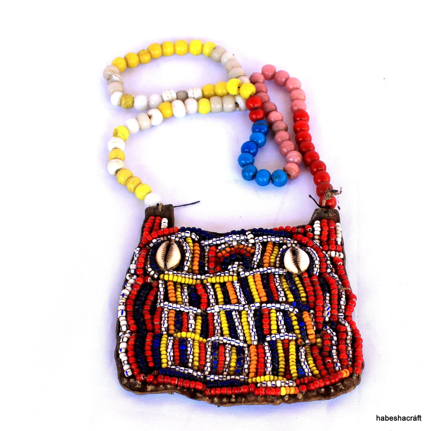 Ethiopian Beaded Necklace crafted to offer protection. Old Beadwork, Antique African Ethiopian Glass beads and leather.  Ethiopian jewelry.