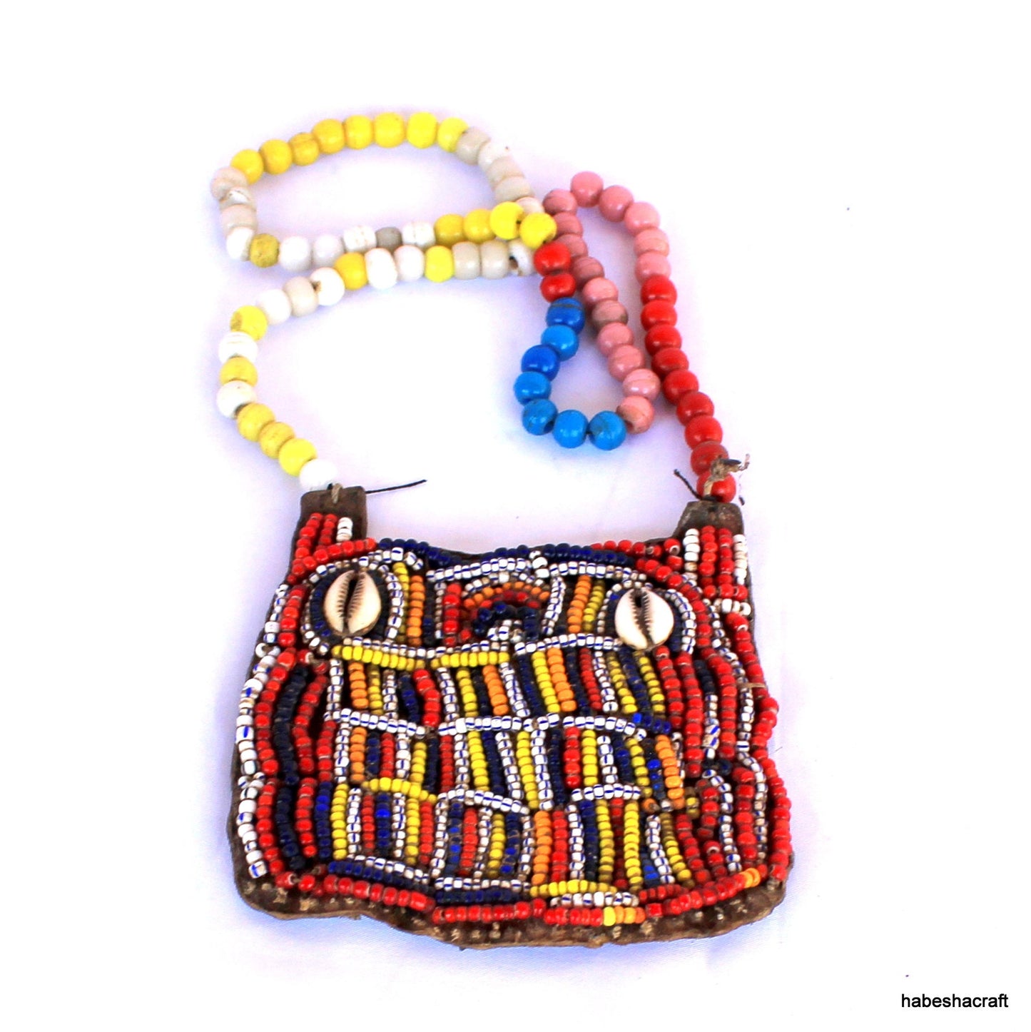 Ethiopian Beaded Necklace crafted to offer protection. Old Beadwork, Antique African Ethiopian Glass beads and leather.  Ethiopian jewelry.