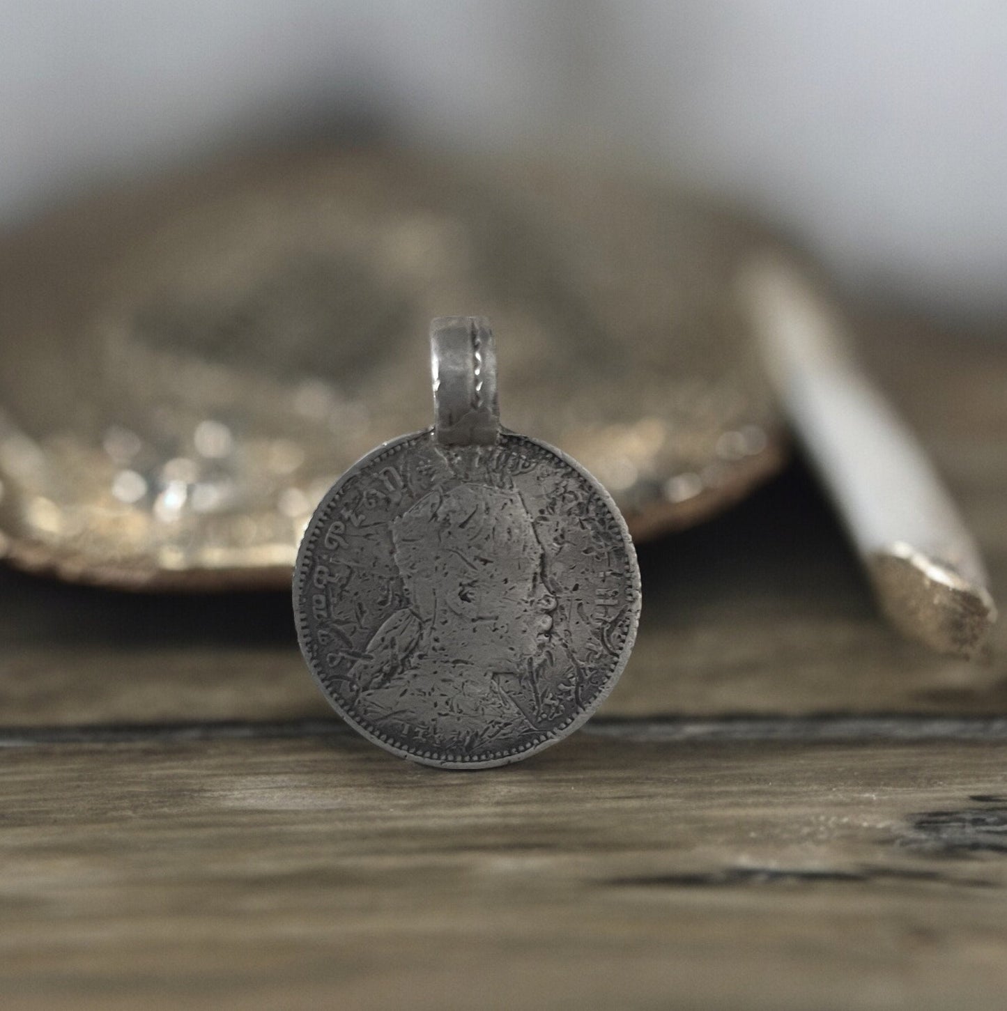 Old Ethiopian Emperor Menilik Silver Coin Pendant. lion of Judah Pendant. unique Old Jewlery. Silver Coin Jewlery. Numismatic Jewlery