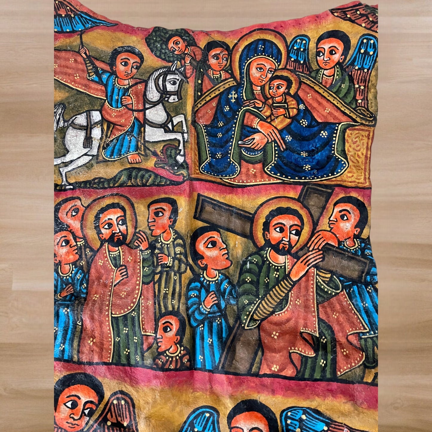 Elegant Ethiopian Leather Christian Icon with Vibrant Religious Paintings, Traditional Ethiopian Christian Icon: Hand-painted Leather Art