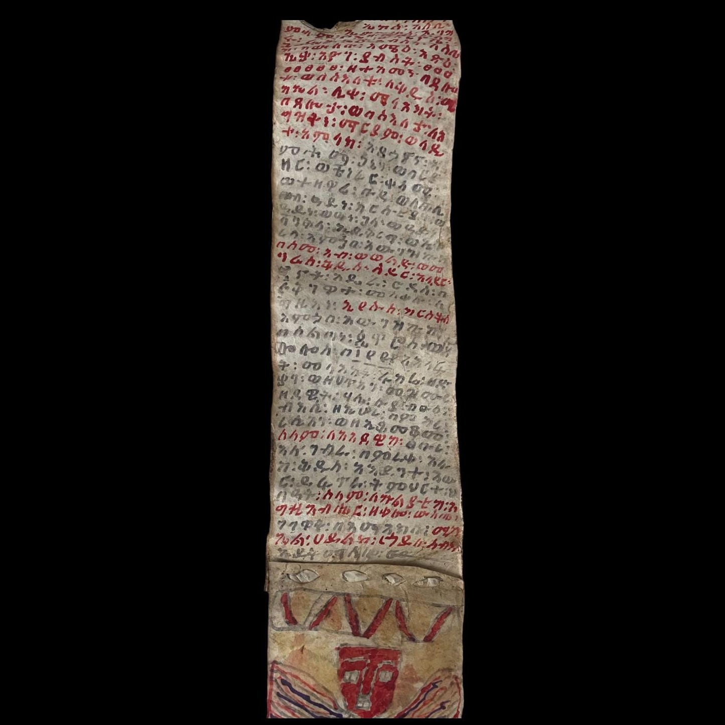 Old Ethiopian leather magic scroll or amulet. African Prayer Scroll, Ethiopian Manuscript, Ethiopian Leather Kitab. Antique Ethiopian kitab