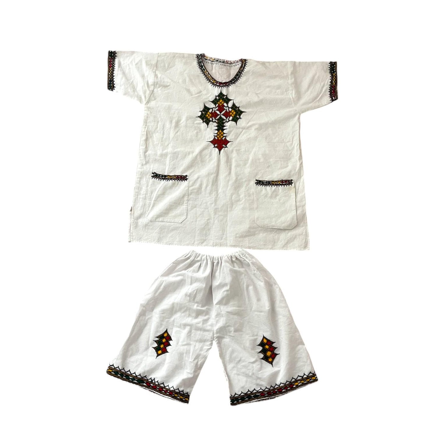Handmade Ethiopian Kids Clothing, Traditional T-shirt and Shorts Set, Ages 12-15, Ethiopian Style Tshirt  Shorts, Ethiopian Cultural Outfit