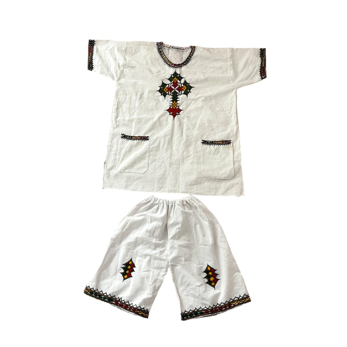 Handmade Ethiopian Kids Clothing, Traditional T-shirt and Shorts Set, Ages 12-15, Ethiopian Style Tshirt  Shorts, Ethiopian Cultural Outfit